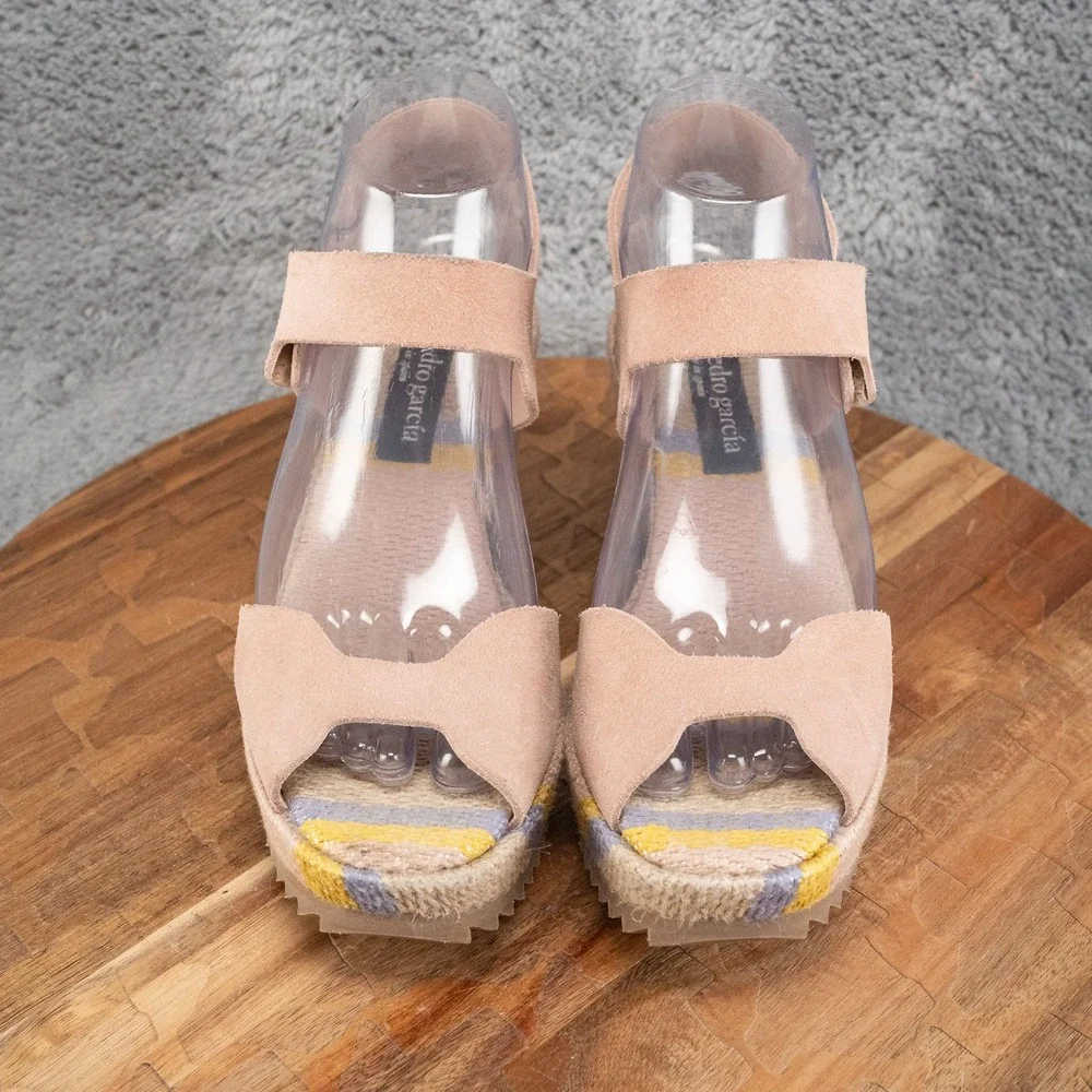 Pedro Garcia Leather Suede Wedge Sandals Ankle Strap Multi Color Sz 38 US 8